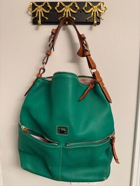Dooney & Bourke Kelly Green Pebbled Leather Shoulder Bag with Brown Straps